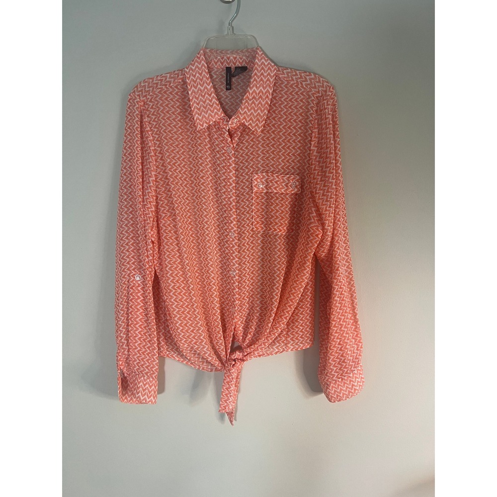 New Directions Orange White Chevron Tie Front Button Down Blouse Large‎